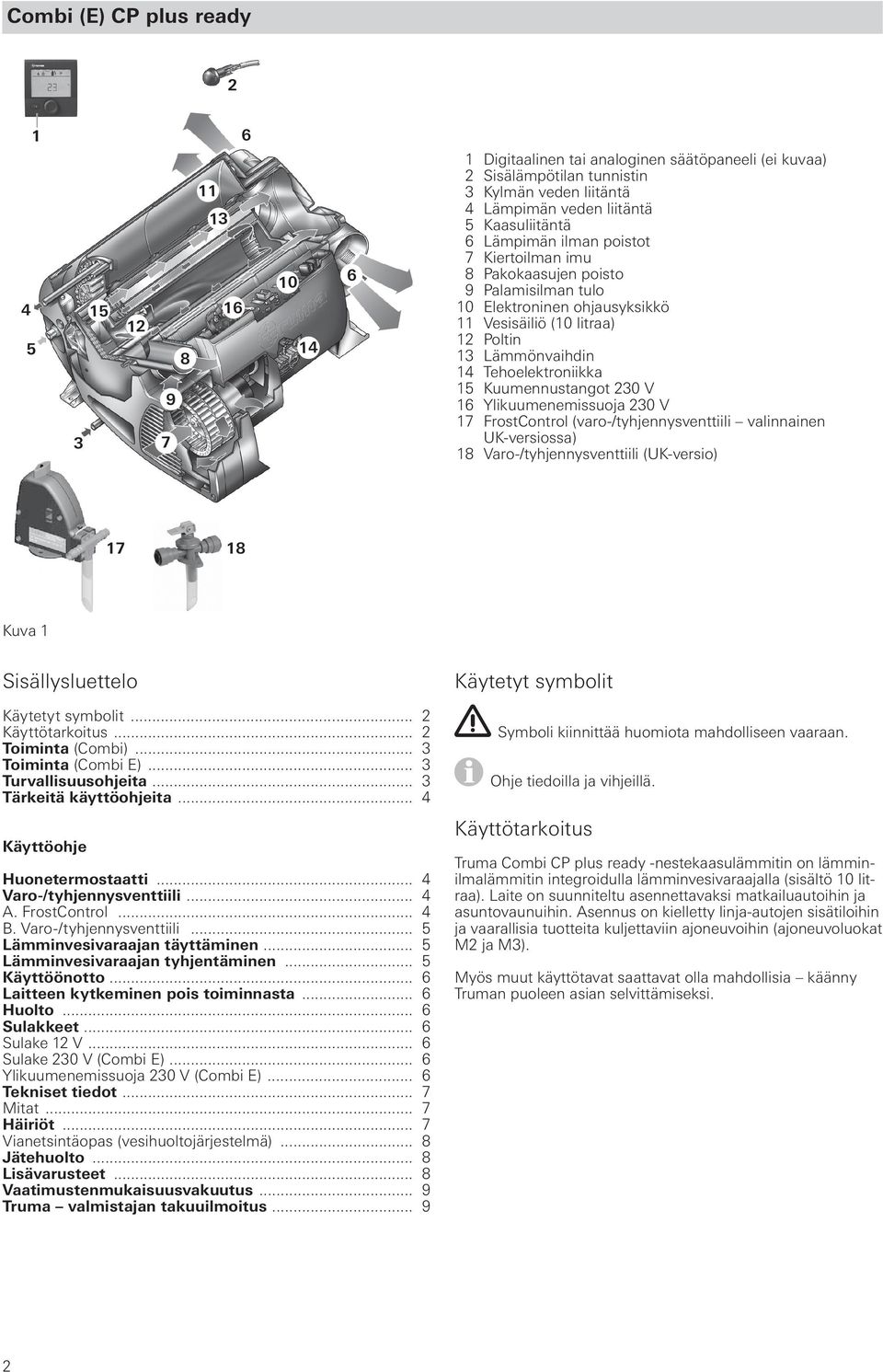 Tehoelektroniikka 15 Kuumennustangot 230 V 16 Ylikuumenemissuoja 230 V 17 FrostControl (varo-/tyhjennysventtiili valinnainen UK-versiossa) 18 Varo-/tyhjennysventtiili (UK-versio) 17 18 Kuva 1