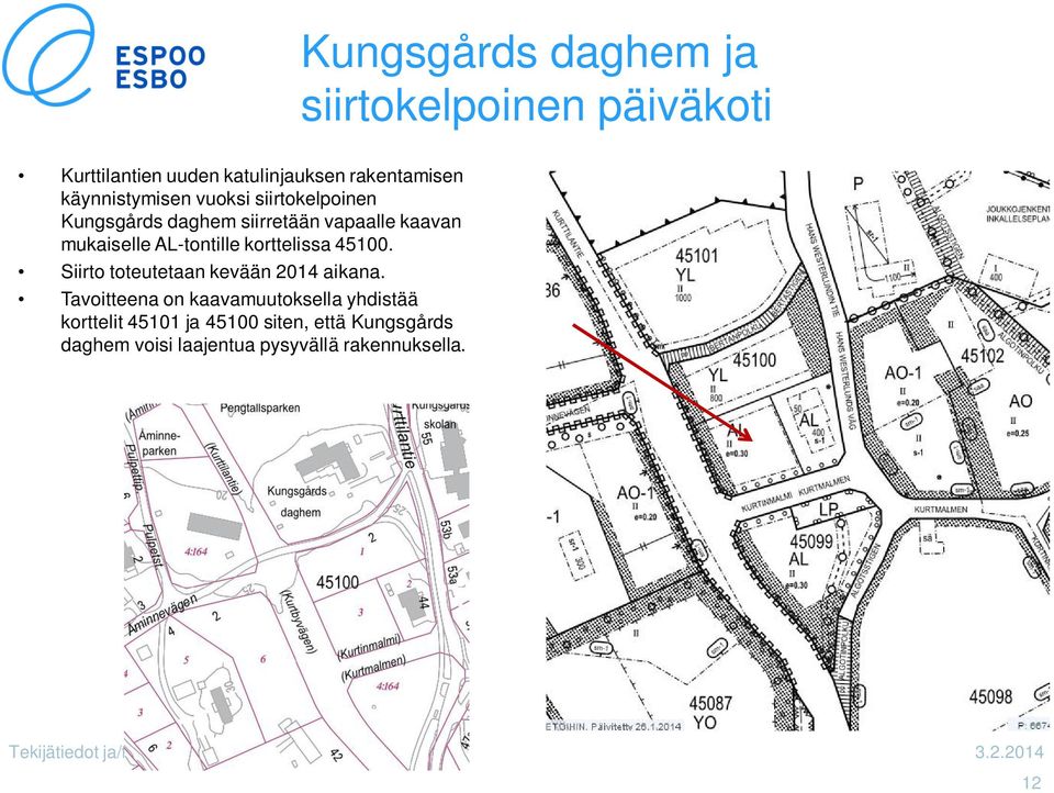 AL-tontille korttelissa 45100. Siirto toteutetaan kevään 2014 aikana.