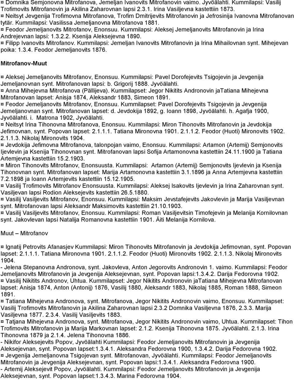 Feodor Jemeljanovits Mitrofanov, Enonsuu. Kummilapsi: Aleksej Jemeljanovits Mitrofanovin ja Irina Andrejevnan lapsi: 1.3.2.2. Ksenija Aleksejevna 1890. Filipp Ivanovits Mitrofanov.