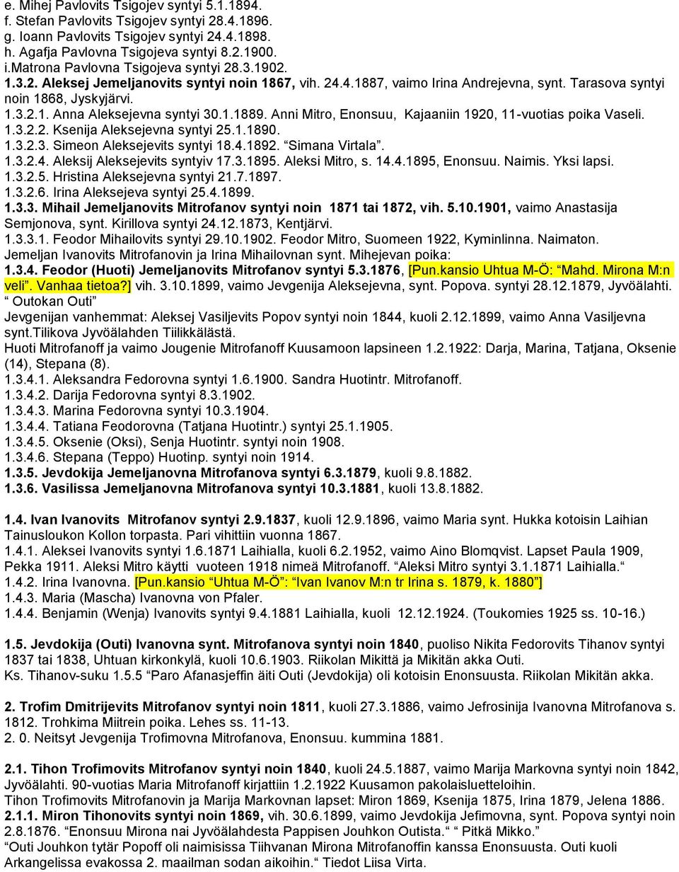 1.1889. Anni Mitro, Enonsuu, Kajaaniin 1920, 11-vuotias poika Vaseli. 1.3.2.2. Ksenija Aleksejevna syntyi 25.1.1890. 1.3.2.3. Simeon Aleksejevits syntyi 18.4.1892. Simana Virtala. 1.3.2.4. Aleksij Aleksejevits syntyiv 17.