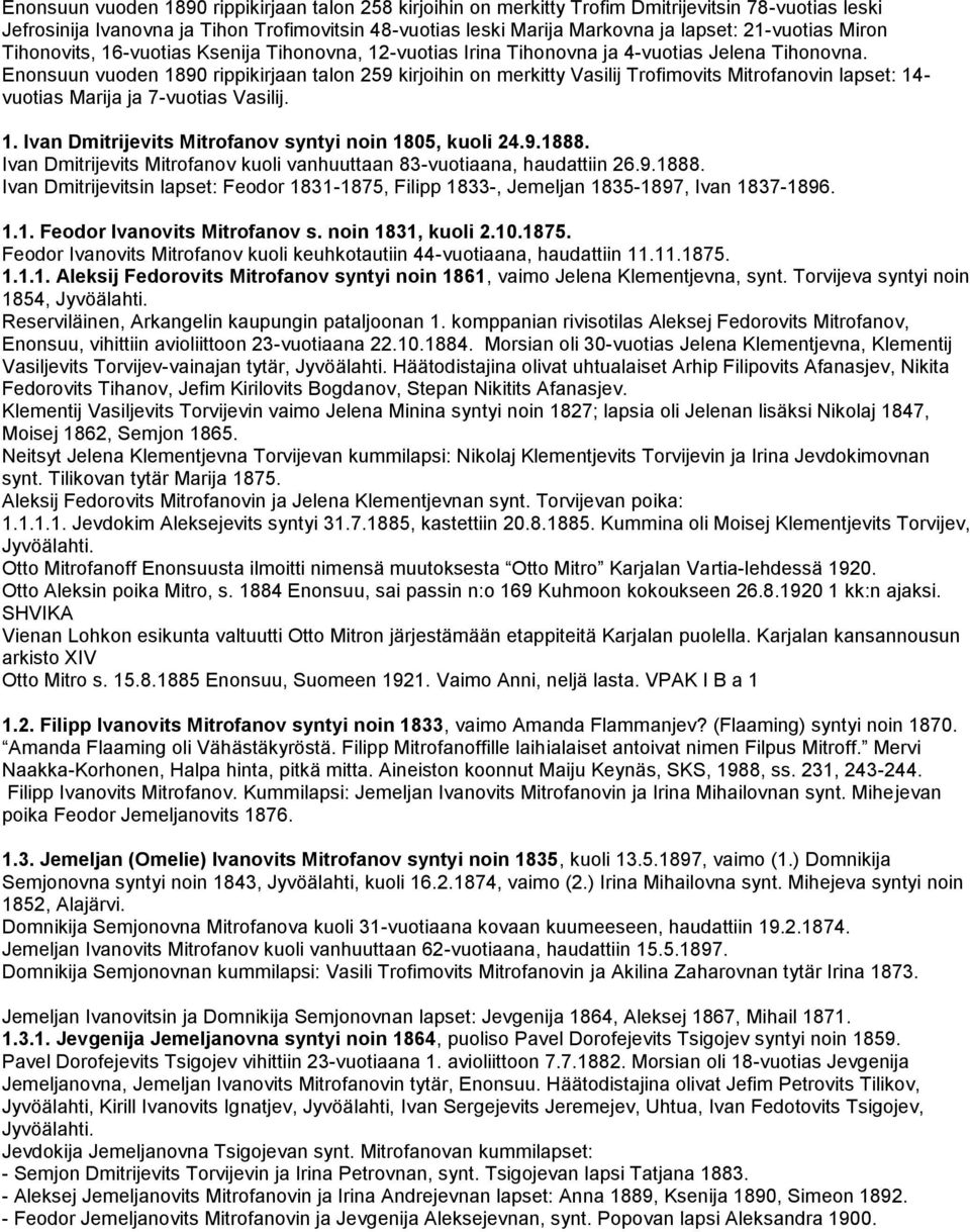 Enonsuun vuoden 1890 rippikirjaan talon 259 kirjoihin on merkitty Vasilij Trofimovits Mitrofanovin lapset: 14- vuotias Marija ja 7-vuotias Vasilij. 1. Ivan Dmitrijevits Mitrofanov syntyi noin 1805, kuoli 24.