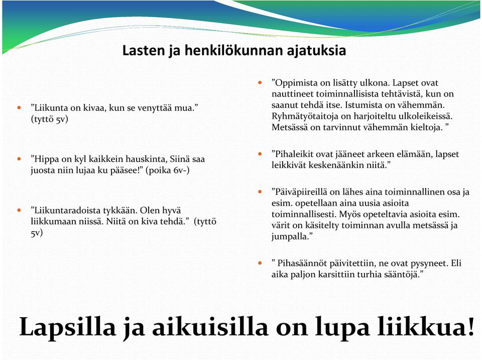 (poika 6v-) Liikuntaradoista tykkään. Olen hyvä liikkumaan niissä. Niitä on kiva tehdä. (tyttö 5v) Pihaleikit ovat jääneet arkeen elämään, lapset leikkivät keskenäänkin niitä.