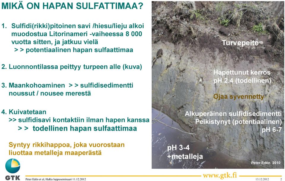 Luonnontilassa peittyy turpeen alle (kuva) 3. Maankohoaminen > > sulfidisedimentti noussut / nousee merestä 4.