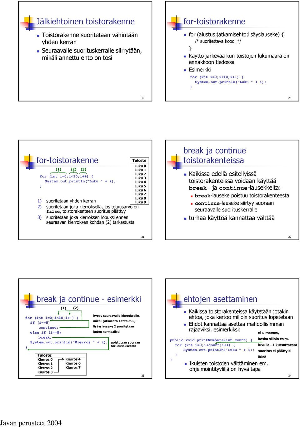 println( Luku + i); 19 20 for-toistorakenne (1) (2) (3) for (int i=0;i<10;i++) System.out.