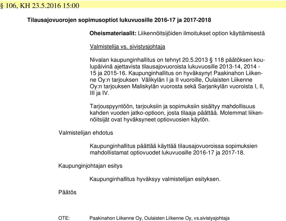 Kaupunginhallitus on hyväksynyt Paakinahon Liikenne Oy:n tarjouksen Välikylän I ja II vuoroille, Oulaisten Liikenne Oy:n tarjouksen Maliskylän vuorosta sekä Sarjankylän vuoroista I, II, III ja IV.