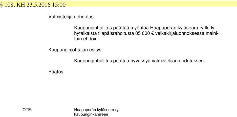 Haapaperän kyläseura ry:lle lyhytaikaista tilapäisrahoitusta 85 000