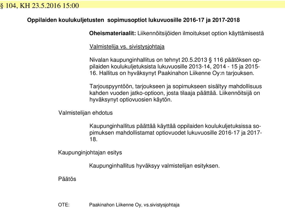 sivistysjohtaja Nivalan kaupunginhallitus on tehnyt 20.5.2013 116 päätöksen oppilaiden koulukuljetuksista lukuvuosille 2013-14, 2014-15 ja 2015-16.