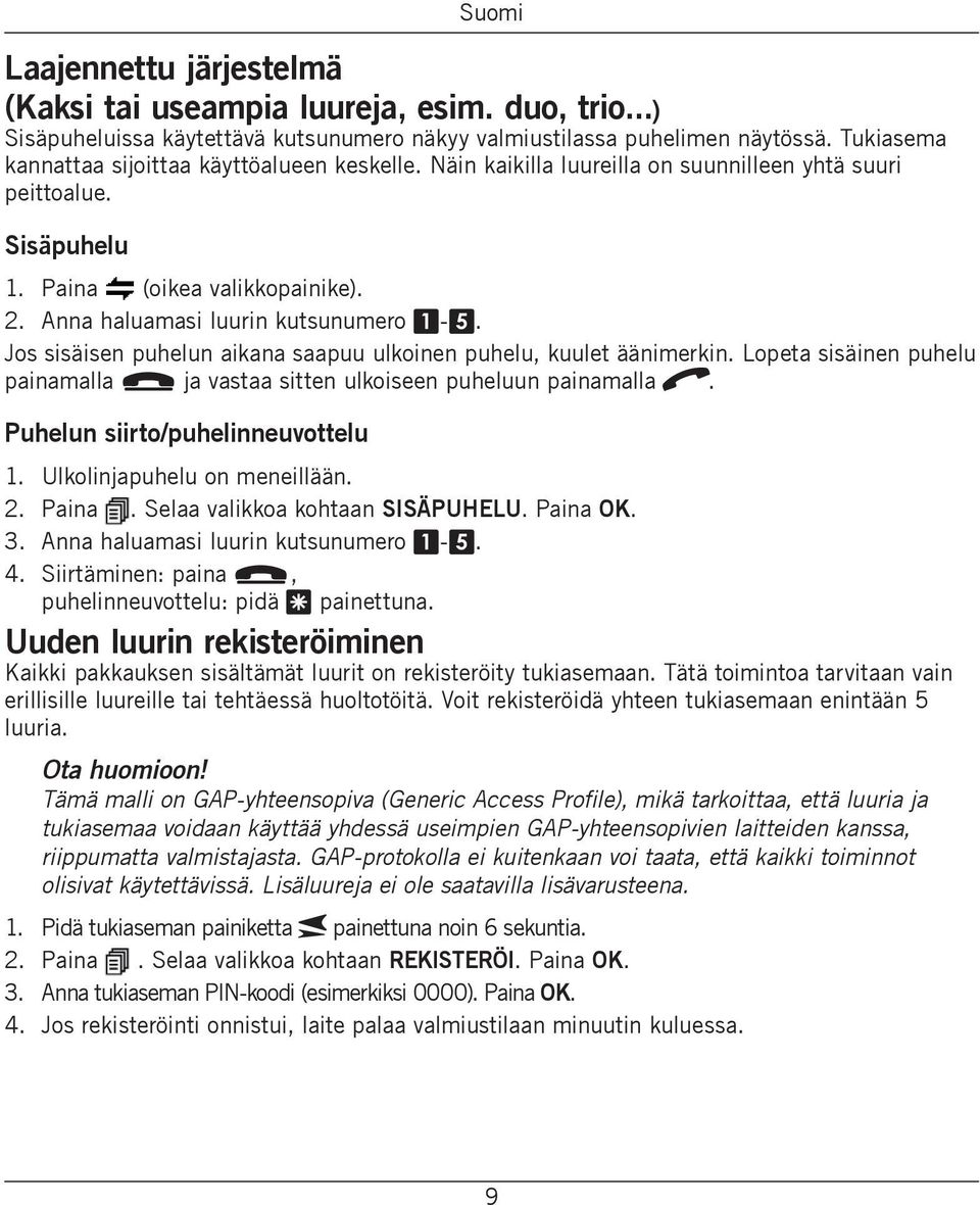 Jos sisäisen puhelun aikana saapuu ulkoinen puhelu, kuulet äänimerkin. Lopeta sisäinen puhelu painamalla L ja vastaa sitten ulkoiseen puheluun painamalla q. Puhelun siirto/puhelinneuvottelu 1.