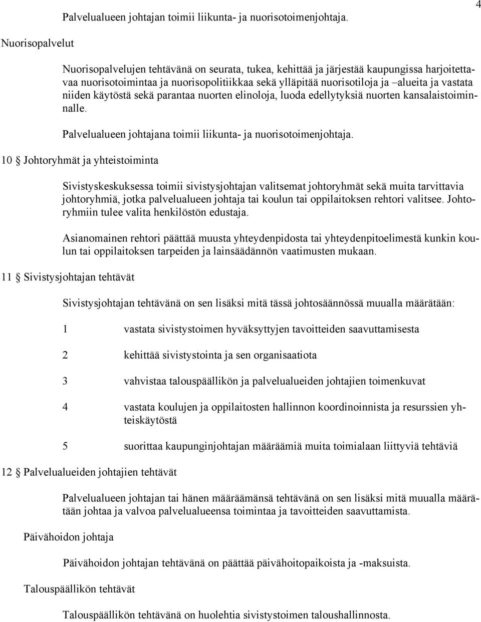 vastata niiden käytöstä sekä parantaa nuorten elinoloja, luoda edellytyksiä nuorten kansalaistoiminnalle. Palvelualueen johtajana toimii liikunta- ja nuorisotoimenjohtaja.