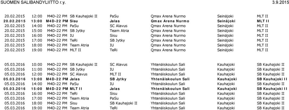 02.2015 18:00 M4D-22 PM Team Atria IU Qmax Arena Nurmo Seinäjoki MLT II 20.02.2015 19:00 M4D-22 PM MLT II TeRi Qmax Arena Nurmo Seinäjoki MLT II 05.03.