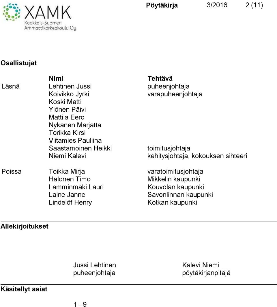 kokouksen sihteeri Poissa Toikka Mirja varatoimitusjohtaja Halonen Timo Mikkelin kaupunki Lamminmäki Lauri Kouvolan kaupunki Laine Janne