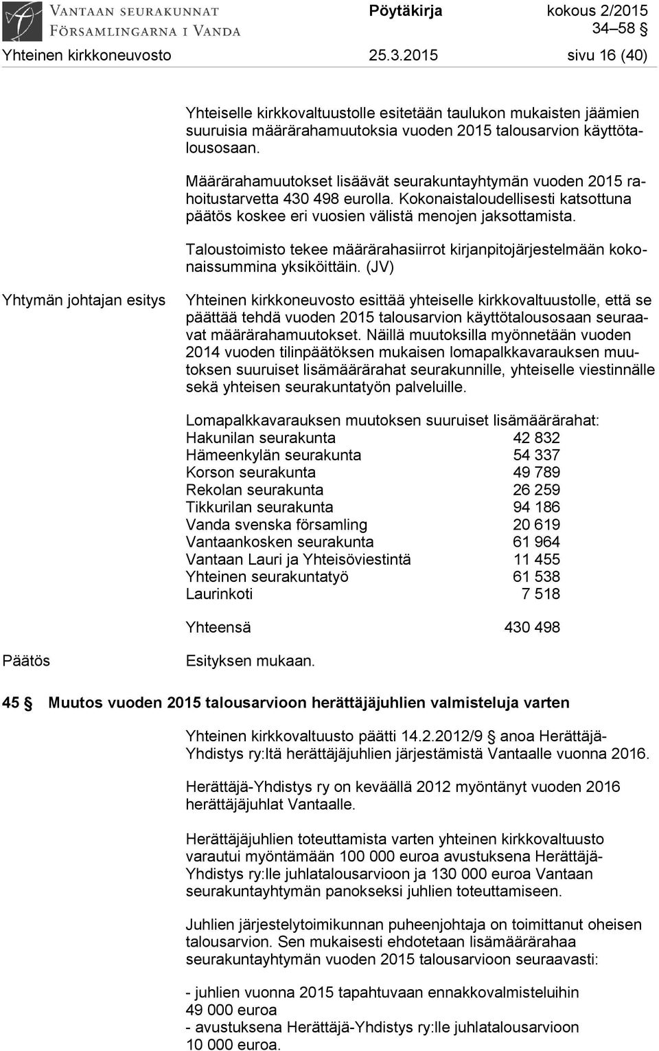 Taloustoimisto tekee määrärahasiirrot kirjanpitojärjestelmään kokonaissummina yksiköittäin.