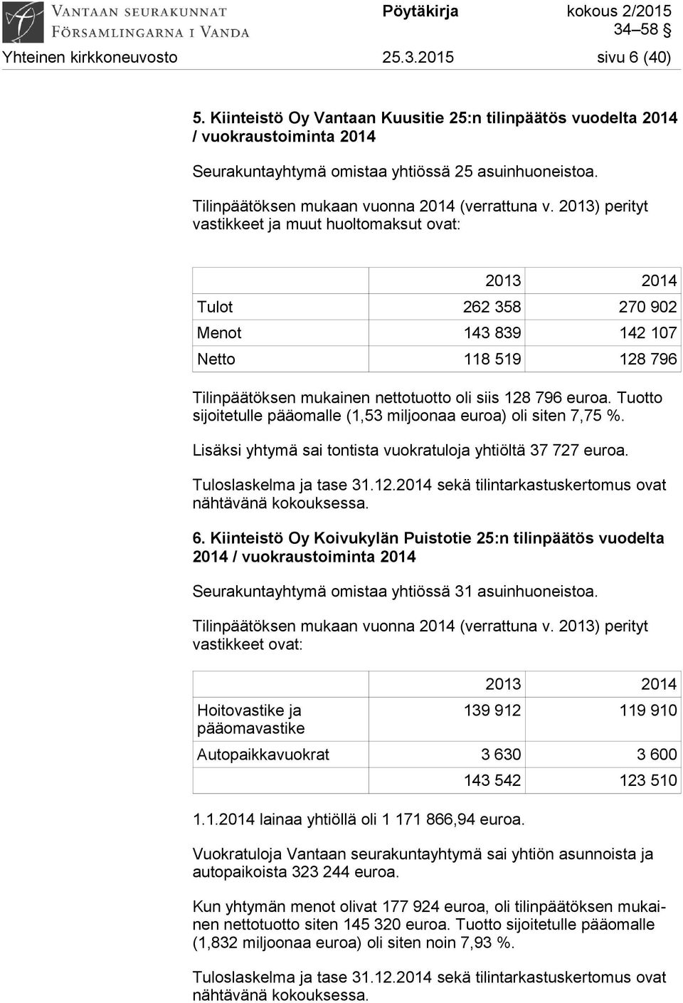 2013) perityt vastikkeet ja muut huoltomaksut ovat: 2013 2014 Tulot 262 358 270 902 Menot 143 839 142 107 Netto 118 519 128 796 Tilinpäätöksen mukainen nettotuotto oli siis 128 796 euroa.