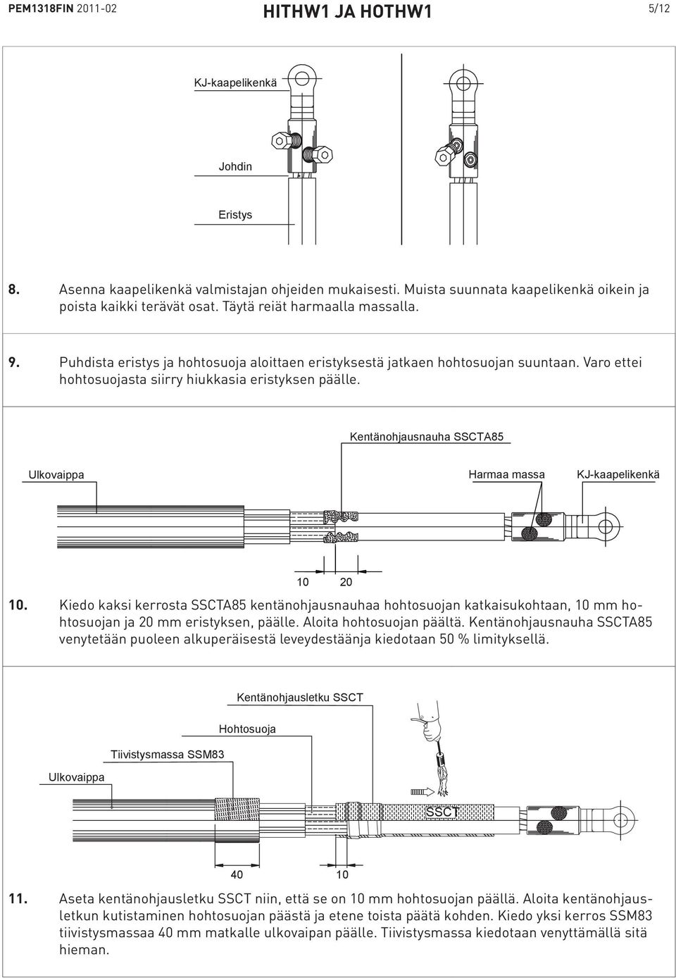 Kentänohjausnauha A85 Harmaa massa KJ-kaapelikenkä 10 20 10. Kiedo kaksi kerrosta A85 kentänohjausnauhaa hohtosuojan katkaisukohtaan, 10 mm hohtosuojan ja 20 mm eristyksen, päälle.