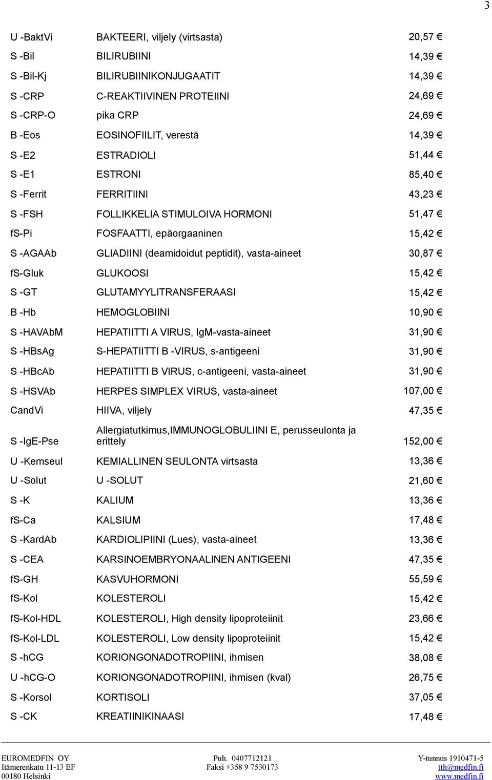 peptidit), vasta-aineet 30,87 fs-gluk GLUKOOSI 15,42 S -GT GLUTAMYYLITRANSFERAASI 15,42 B -Hb HEMOGLOBIINI 10,90 S -HAVAbM HEPATIITTI A VIRUS, IgM-vasta-aineet 31,90 S -HBsAg S-HEPATIITTI B -VIRUS,