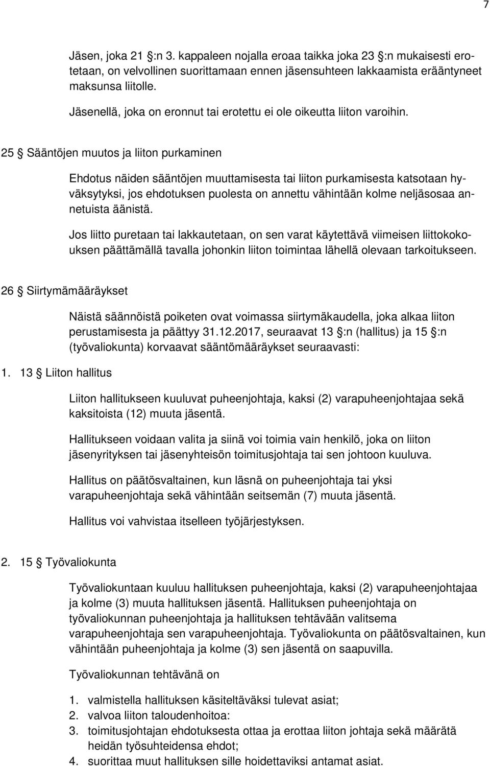 25 Sääntöjen muutos ja liiton purkaminen Ehdotus näiden sääntöjen muuttamisesta tai liiton purkamisesta katsotaan hyväksytyksi, jos ehdotuksen puolesta on annettu vähintään kolme neljäsosaa