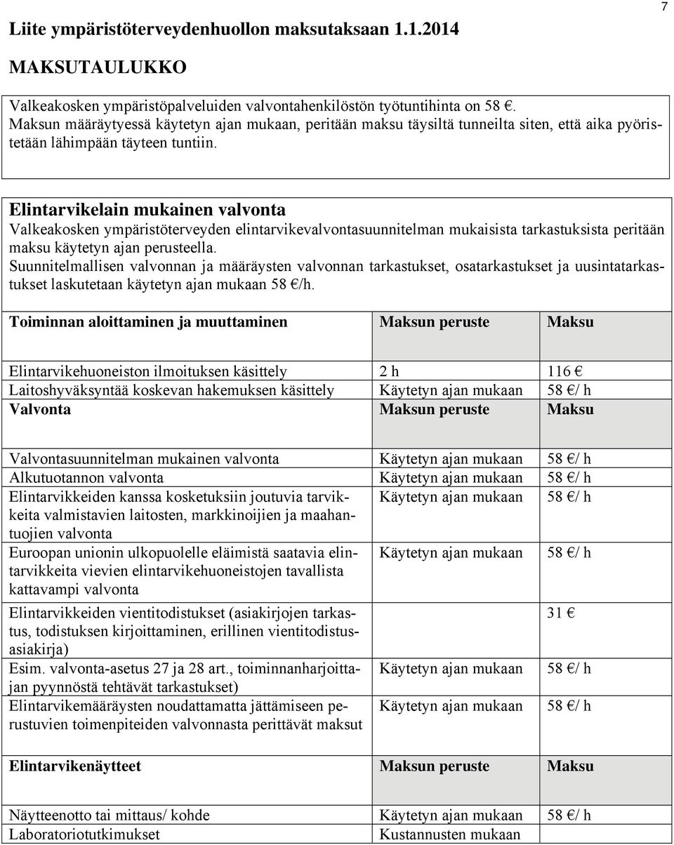 Elintarvikelain mukainen valvonta Valkeakosken ympäristöterveyden elintarvikevalvontasuunnitelman mukaisista tarkastuksista peritään maksu käytetyn ajan perusteella.