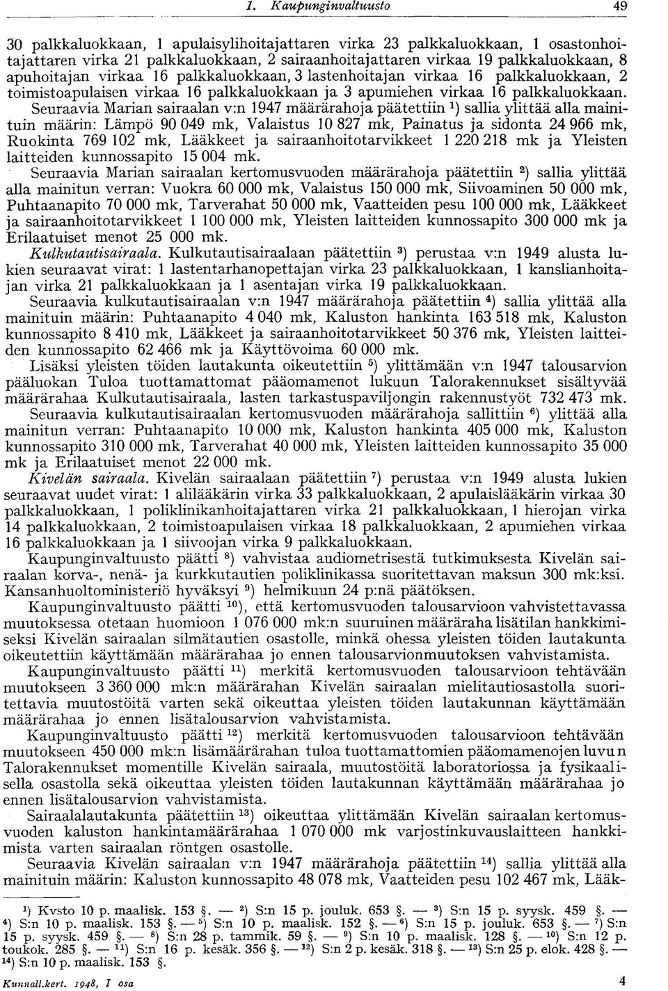 Seuraavia Marian sairaalan v:n 1947 määrärahoja päätettiin sallia ylittää alla mainituin määrin: Lämpö 90 049 mk, Valaistus 10 827 mk, Painatus ja sidonta 24 966 mk, Ruokinta 769 102 mk, Lääkkeet ja