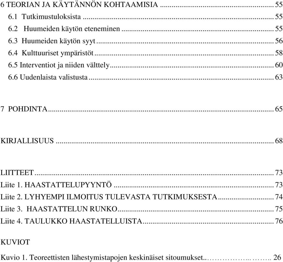 .. 65 KIRJALLISUUS... 68 LIITTEET... 73 Liite 1. HAASTATTELUPYYNTÖ... 73 Liite 2. LYHYEMPI ILMOITUS TULEVASTA TUTKIMUKSESTA... 74 Liite 3.