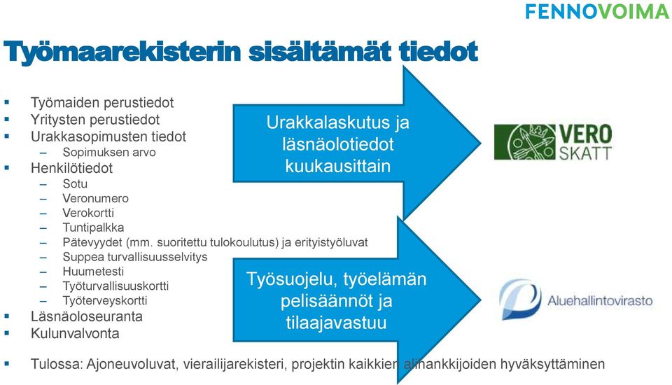 suoritettu tulokoulutus) ja erityistyöluvat Suppea turvallisuusselvitys Huumetesti Työturvallisuuskortti Työterveyskortti