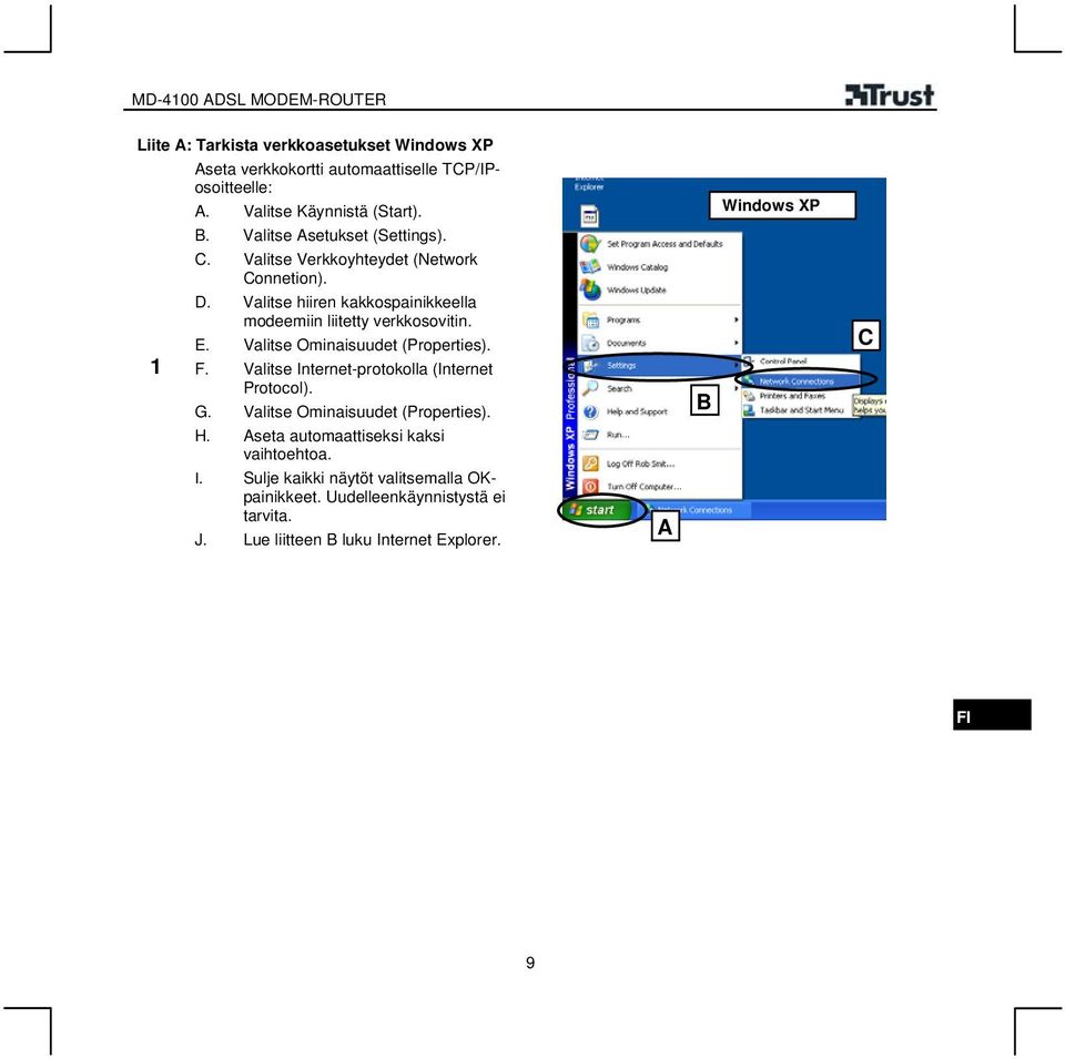 E. Valitse Ominaisuudet (Properties). F. Valitse Internet-protokolla (Internet Protocol). G. Valitse Ominaisuudet (Properties). H.
