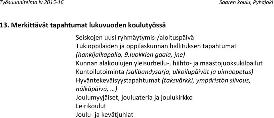 luokkien gaala, jne) Kunnan alakoulujen yleisurheilu-, hiihto- ja maastojuoksukilpailut Kuntoilutoiminta