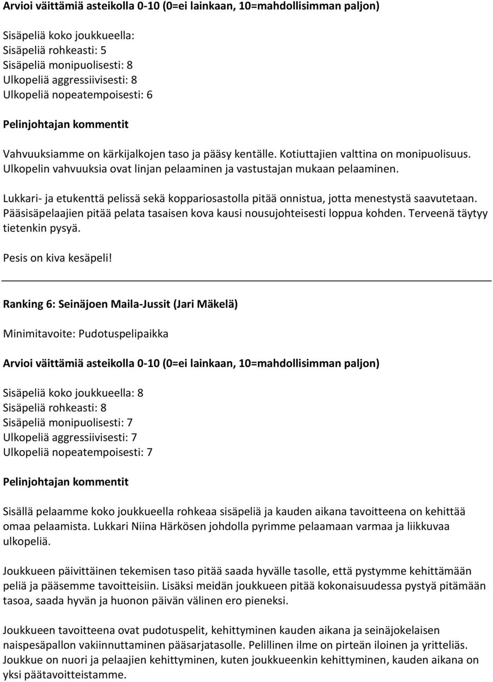 Lukkari- ja etukenttä pelissä sekä koppariosastolla pitää onnistua, jotta menestystä saavutetaan. Pääsisäpelaajien pitää pelata tasaisen kova kausi nousujohteisesti loppua kohden.