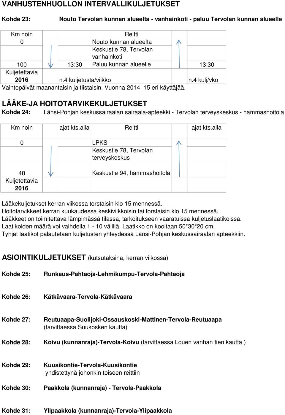 LÄÄKE-JA HOITOTARVIKEKULJETUKSET Kohde 4: Länsi-Pohjan keskussairaalan sairaala-apteekki - Tervolan terveyskeskus - hammashoitola ajat kts.alla ajat kts.