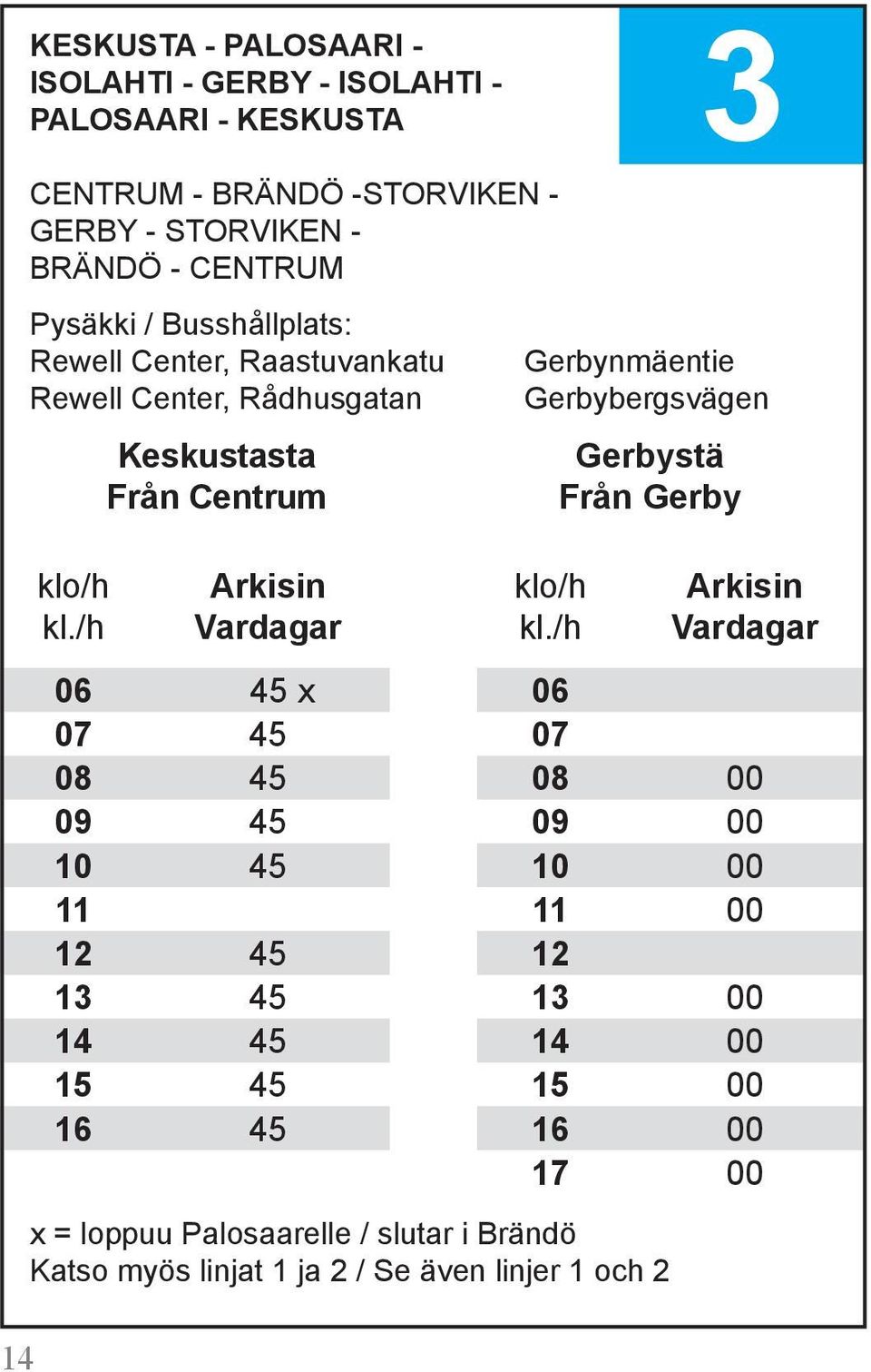 Keskustasta Från Centrum Vardagar Gerbystä Från Gerby Vardagar 06 45 x 06 0 45 0 08 45 08 00 09 45 09 00 10 45 10 00 11 11 00 12 45