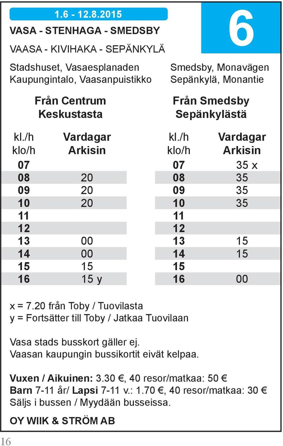 Monavägen Sepänkylä, Monantie Från Smedsby Sepänkylästä 16 Vardagar Vardagar 0 0 5 x 08 20 08 5 09 20 09 5 10 20 10 5 11 11 12 12 1 00 1 15 14 00 14 15 15 15