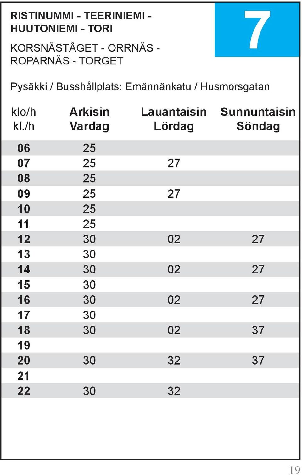 Vardag Lauantaisin Lördag Sunnuntaisin Söndag 06 25 0 25 2 08 25 09 25 2