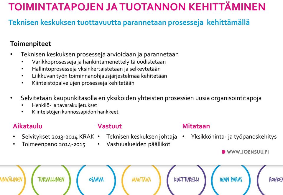 Kiinteistöpalvelujen prosesseja kehitetään Selvitetään kaupunkitasolla eri yksiköiden yhteisten prosessien uusia organisointitapoja Henkilö- ja tavarakuljetukset