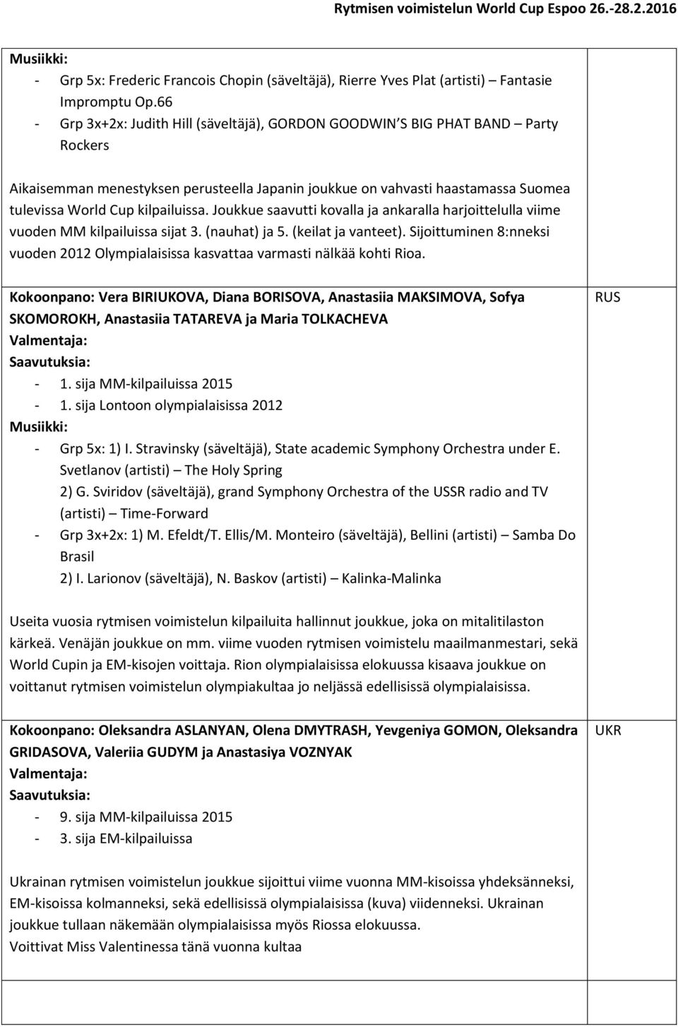 kilpailuissa. Joukkue saavutti kovalla ja ankaralla harjoittelulla viime vuoden MM kilpailuissa sijat 3. (nauhat) ja 5. (keilat ja vanteet).