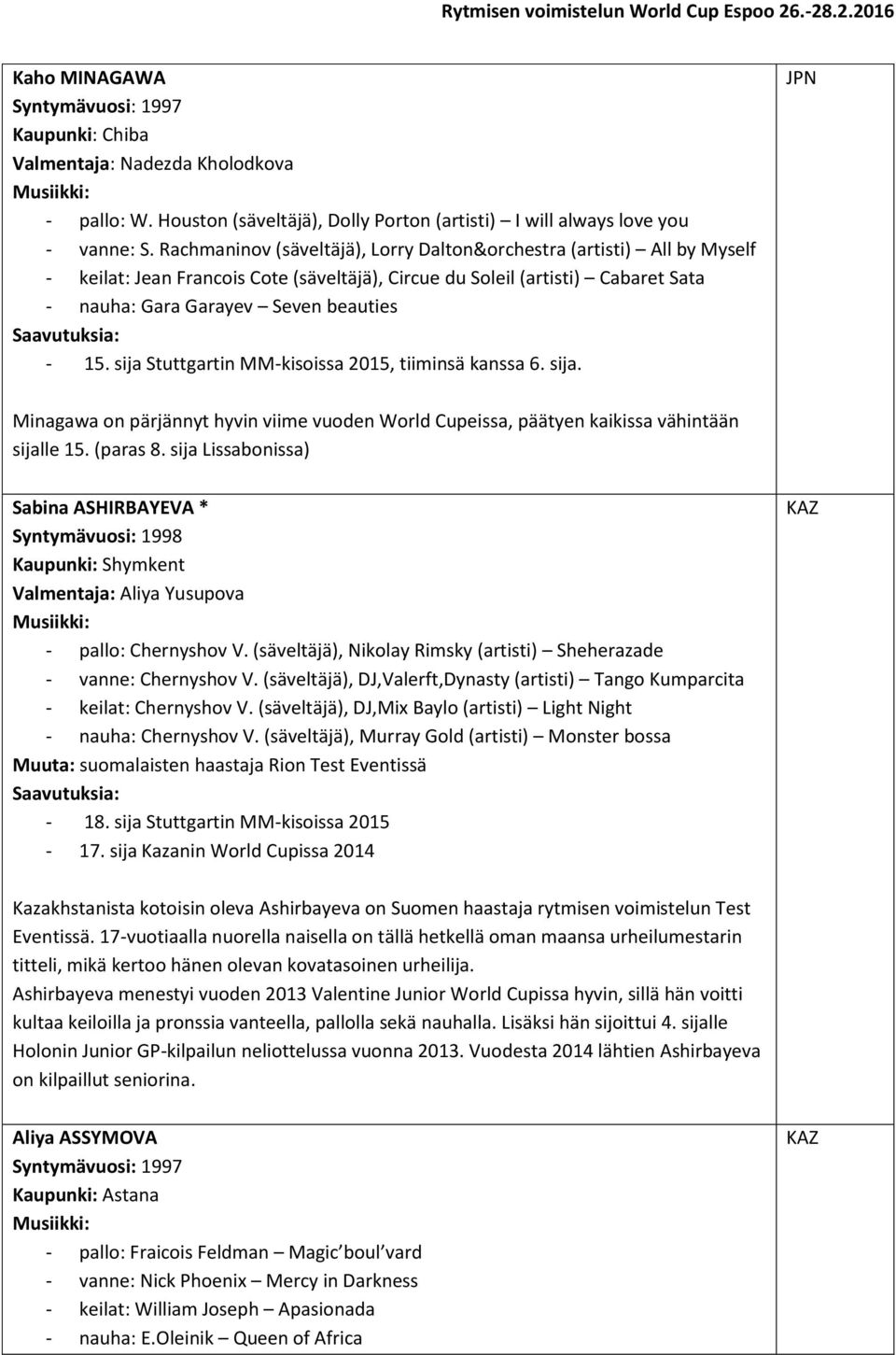 sija Stuttgartin MM-kisoissa 2015, tiiminsä kanssa 6. sija. JPN Minagawa on pärjännyt hyvin viime vuoden World Cupeissa, päätyen kaikissa vähintään sijalle 15. (paras 8.