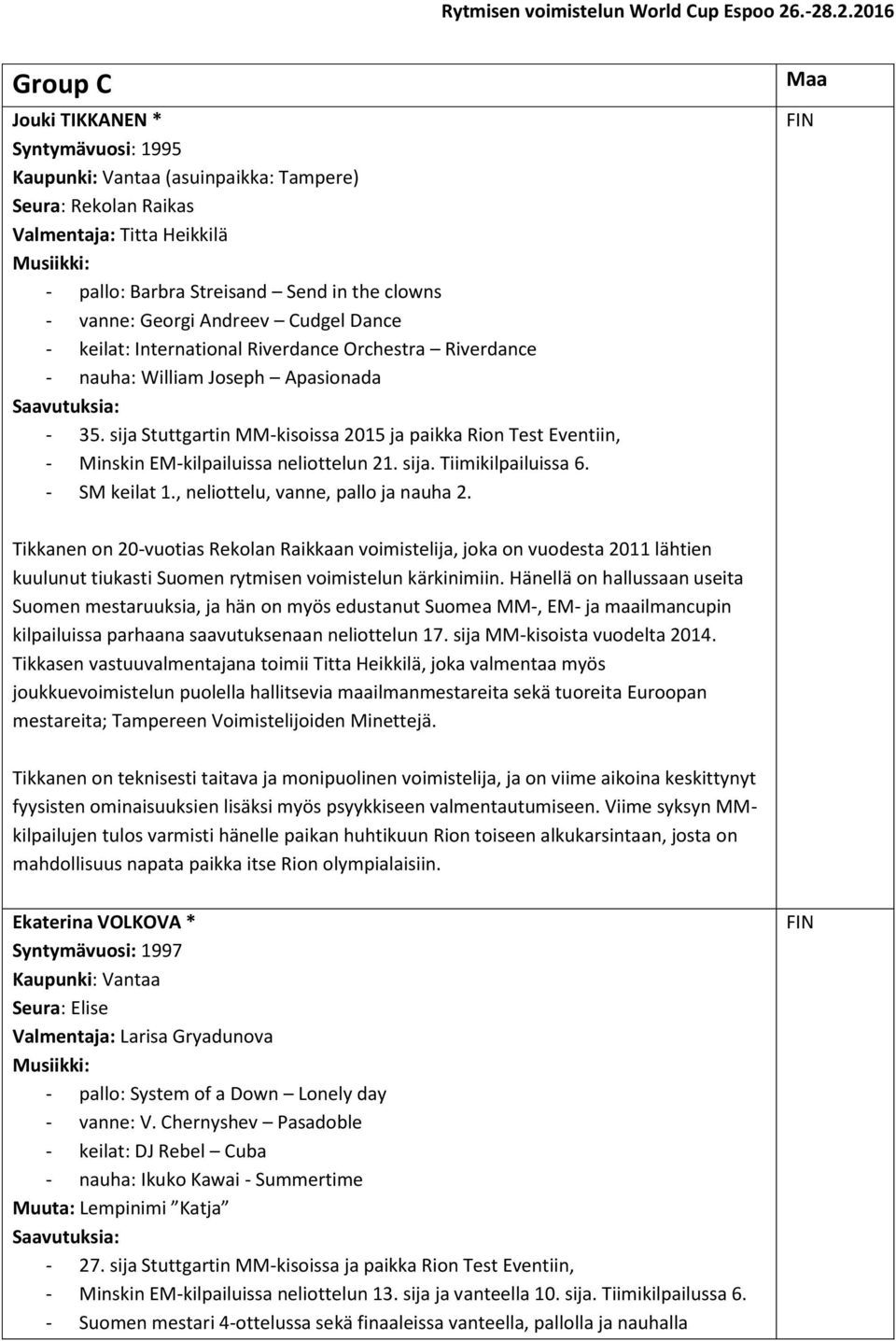 sija Stuttgartin MM-kisoissa 2015 ja paikka Rion Test Eventiin, - Minskin EM-kilpailuissa neliottelun 21. sija. Tiimikilpailuissa 6. - SM keilat 1., neliottelu, vanne, pallo ja nauha 2.