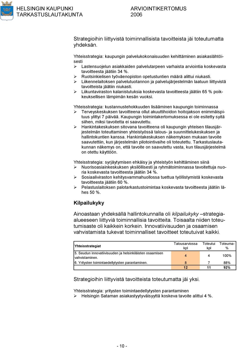 Ruotsinkielisen työväenopiston opetustuntien määrä alittui niukasti. Liikennelaitoksen palvelutuotannon ja palvelujärjestelmän laatuun liittyvistä tavoitteista jäätiin niukasti.