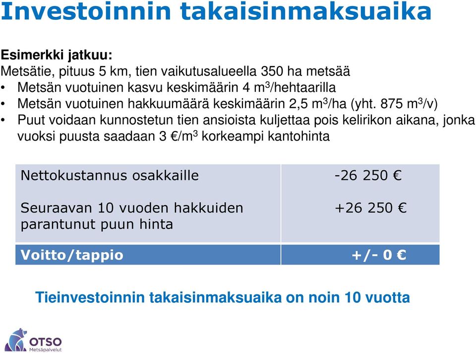 875 m 3 /v) Puut voidaan kunnostetun tien ansioista kuljettaa pois kelirikon aikana, jonka vuoksi puusta saadaan 3 /m 3 korkeampi