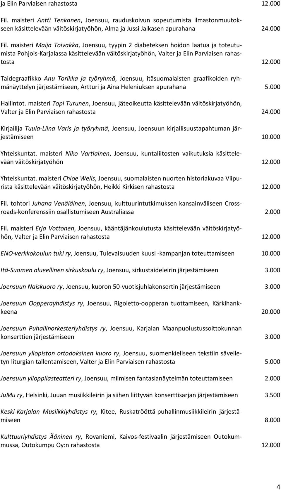 maisteri Maija Toivakka, Joensuu, tyypin 2 diabeteksen hoidon laatua ja toteutumista Pohjois-Karjalassa käsittelevään väitöskirjatyöhön, Valter ja Elin Parviaisen rahastosta 12.