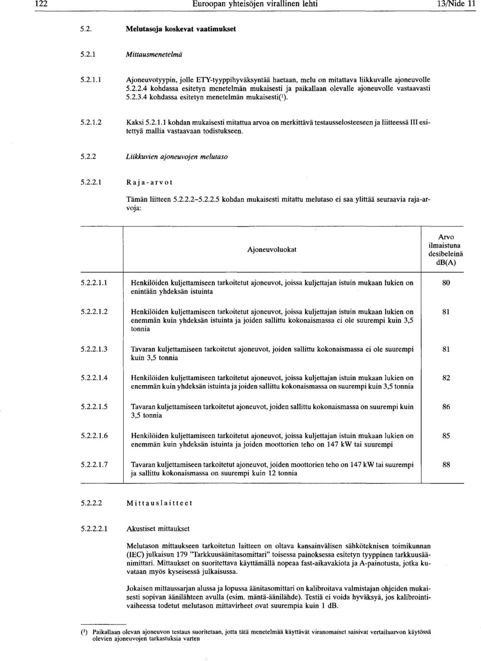 . 5.2.1.2 Kaksi 5.2.1.1 kohdan mukaisesti mitattua arvoa on merkittävä testausselosteeseen ja liitteessä III esitettyä mallia vastaavaan todistukseen. 5.2.2 Liikkuvien ajoneuvojen melutaso 5.2.2.1 Raja-arvot Tämän liitteen 5.