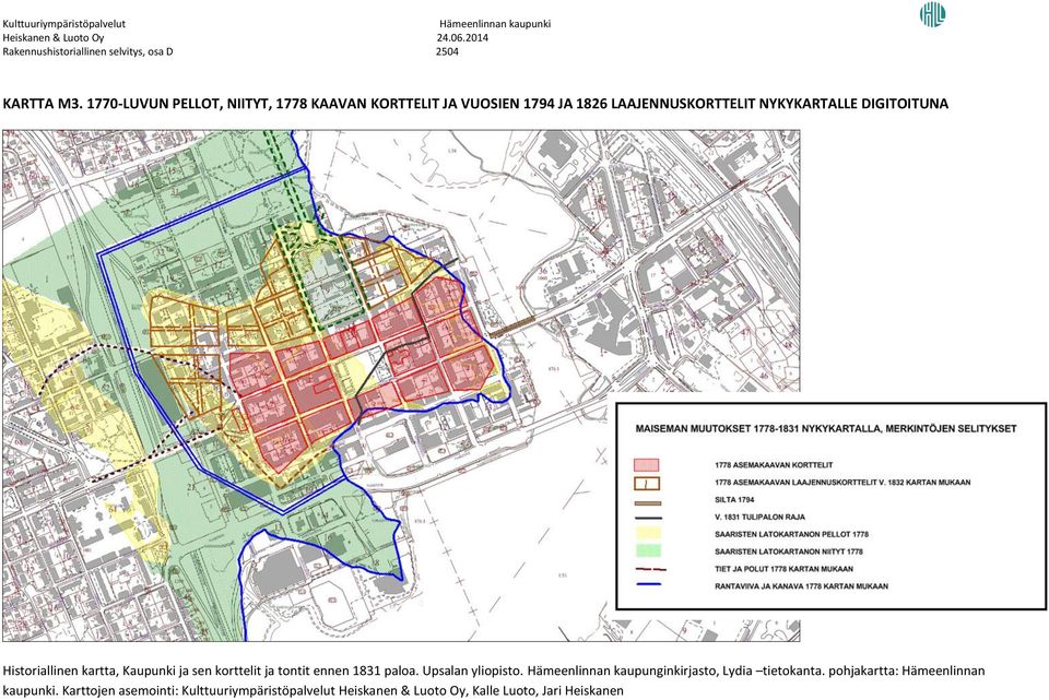 NYKYKARTALLE DIGITOITUNA Historiallinen kartta, Kaupunki ja sen korttelit ja tontit ennen 1831 paloa.