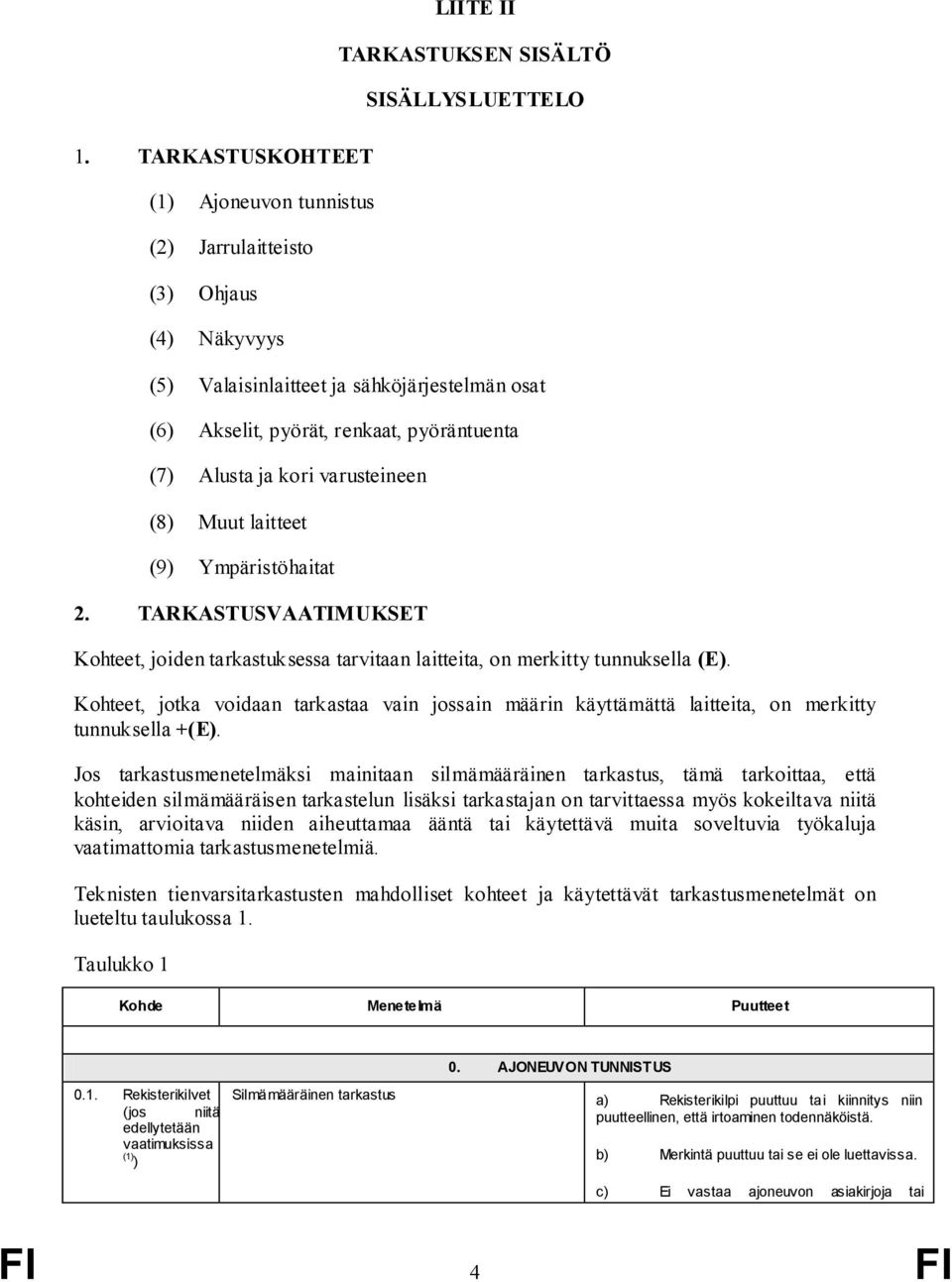 TARKASTUSVAATIMUKSET Kohteet, joiden tarkastuksessa tarvitaan laitteita, on merkitty tunnuksella (E).