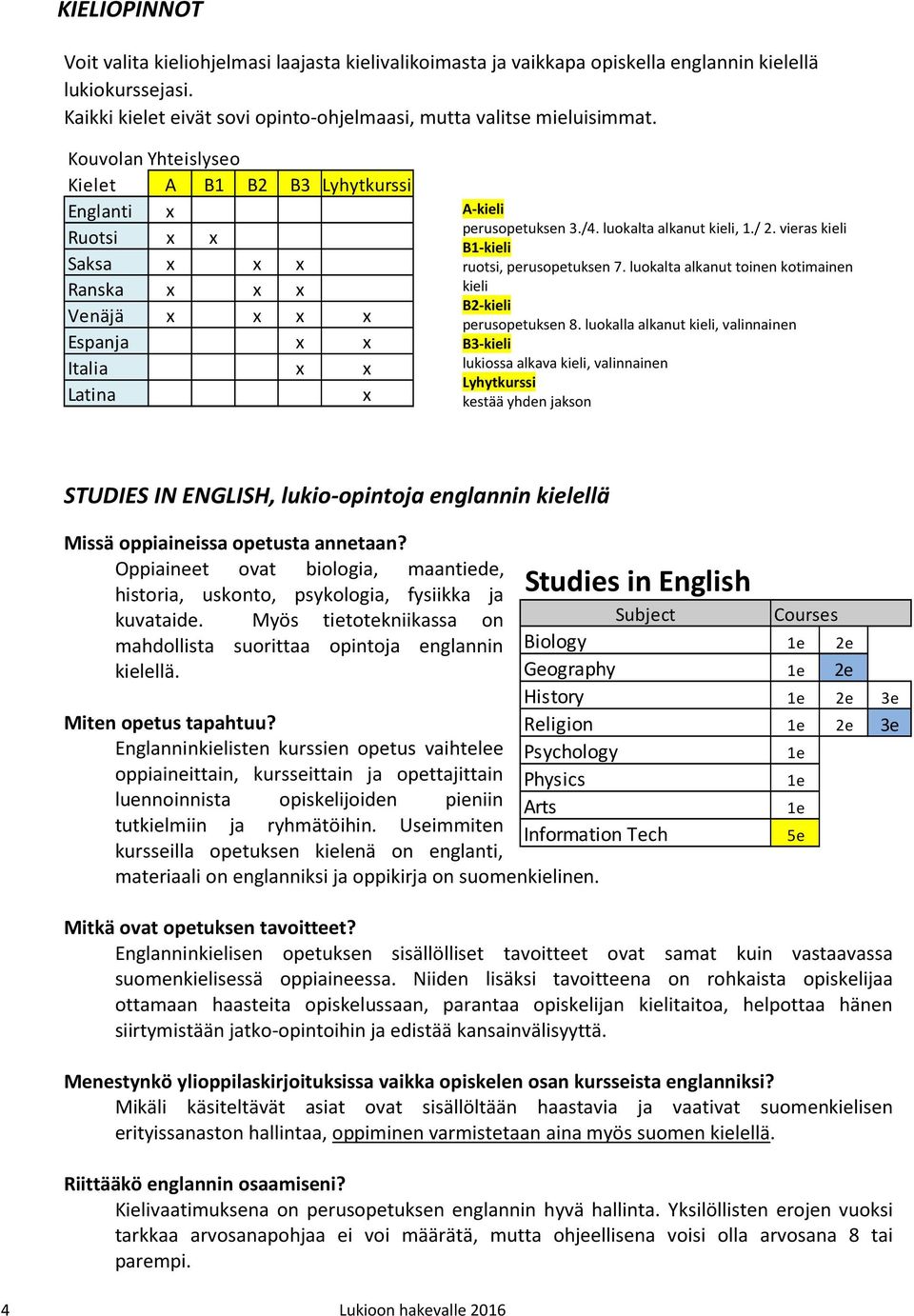/ 2. vieras kieli B1-kieli ruotsi, perusopetuksen 7. luokalta alkanut toinen kotimainen kieli B2-kieli perusopetuksen 8.