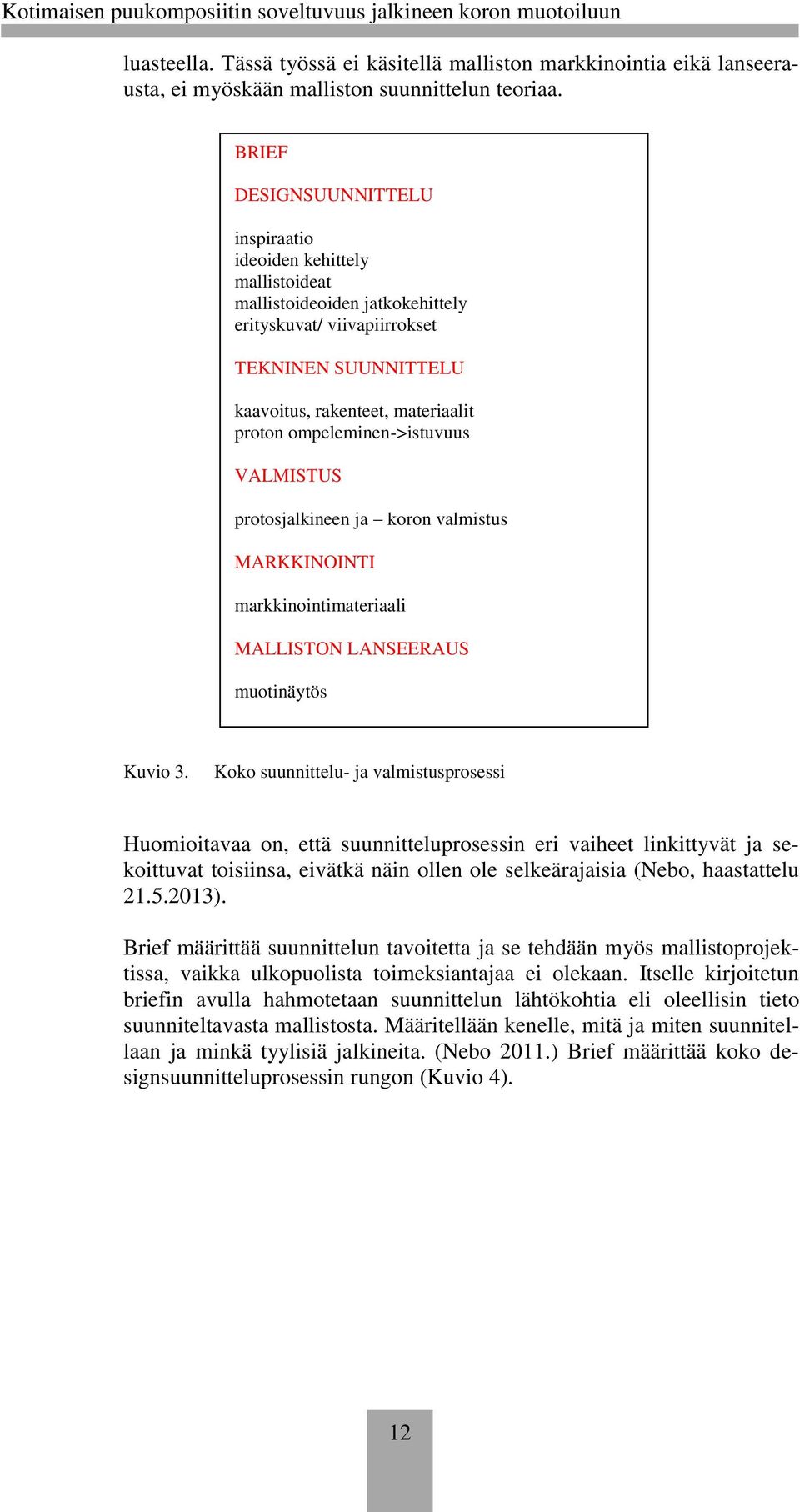 ompeleminen->istuvuus VALMISTUS protosjalkineen ja koron valmistus MARKKINOINTI markkinointimateriaali MALLISTON LANSEERAUS muotinäytös Kuvio 3.