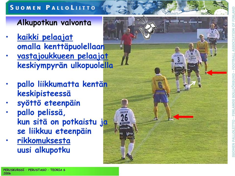 eteenpäin pallo pelissä, kun sitä on potkaistu ja se liikkuu eteenpäin