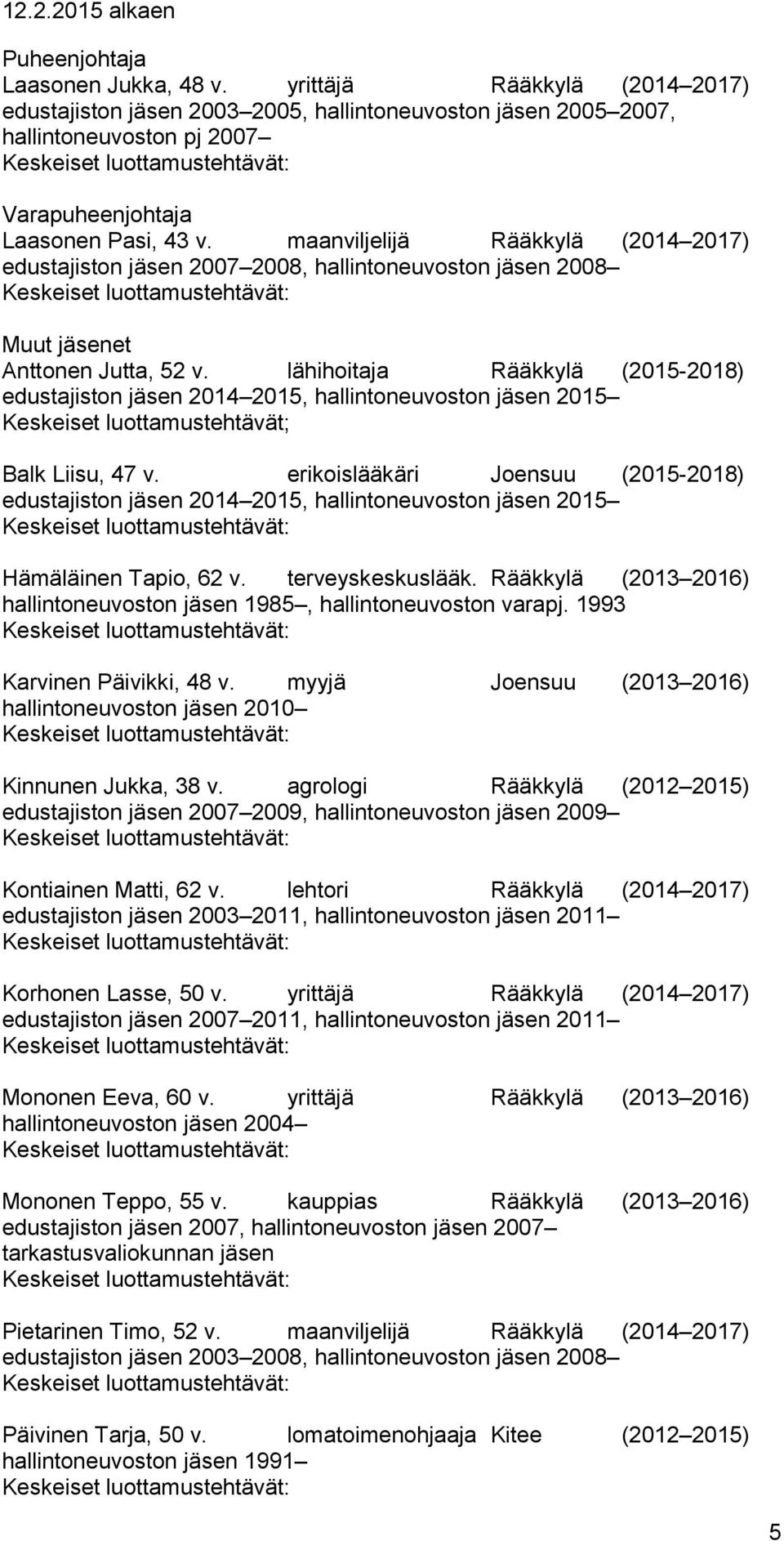 maanviljelijä (2014 2017) edustajiston jäsen 2007 2008, hallintoneuvoston jäsen 2008 Muut jäsenet Anttonen Jutta, 52 v.