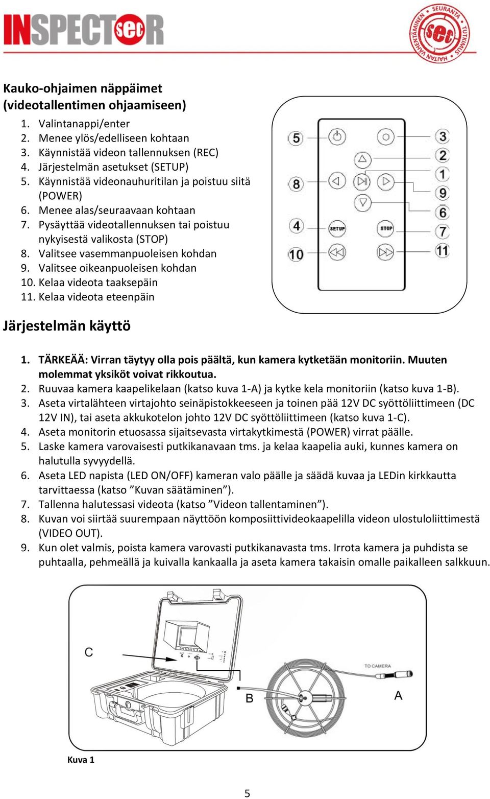 Valitsee oikeanpuoleisen kohdan 10. Kelaa videota taaksepäin 11. Kelaa videota eteenpäin Järjestelmän käyttö 1. TÄRKEÄÄ: Virran täytyy olla pois päältä, kun kamera kytketään monitoriin.