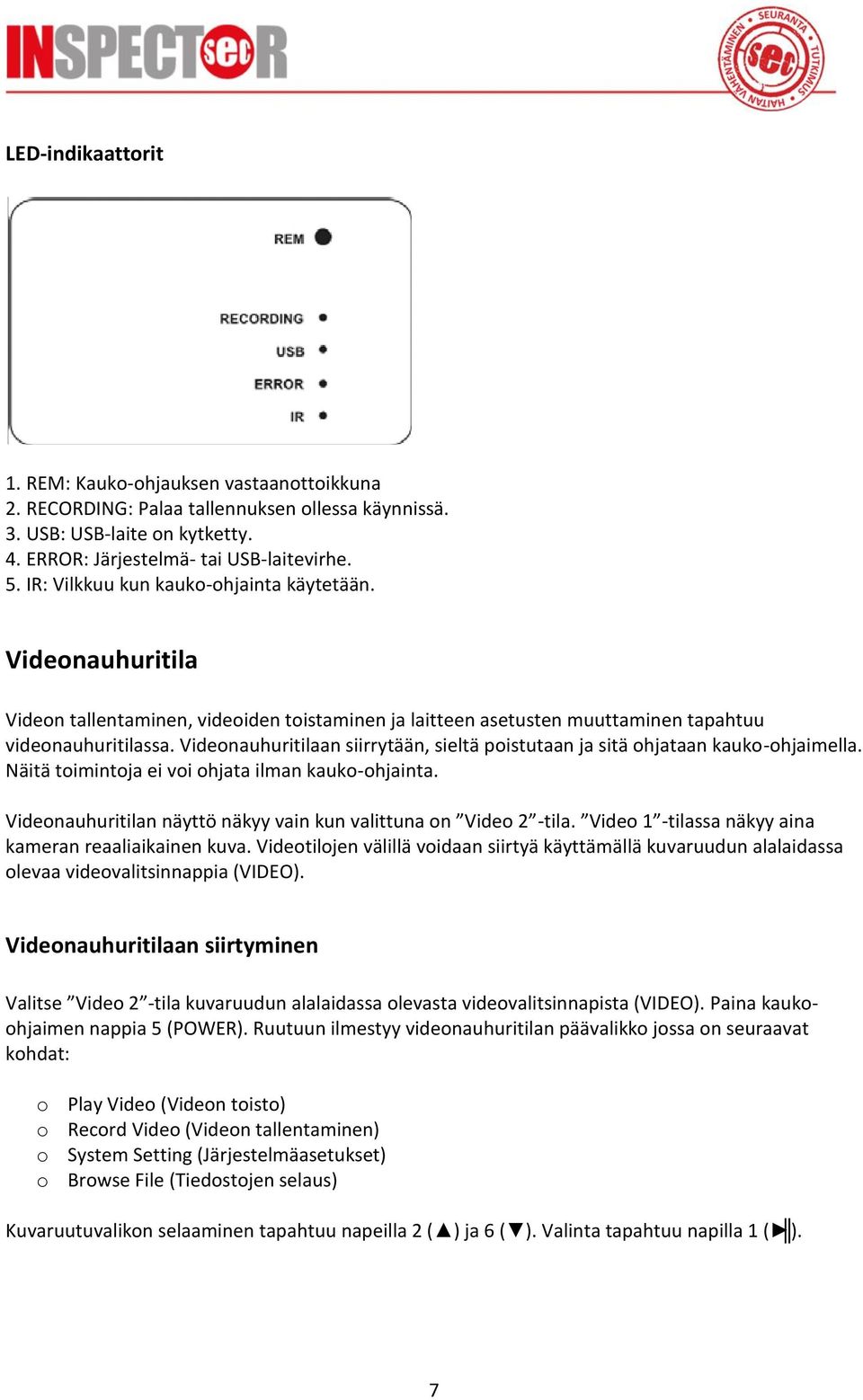 Videonauhuritilaan siirrytään, sieltä poistutaan ja sitä ohjataan kauko-ohjaimella. Näitä toimintoja ei voi ohjata ilman kauko-ohjainta.