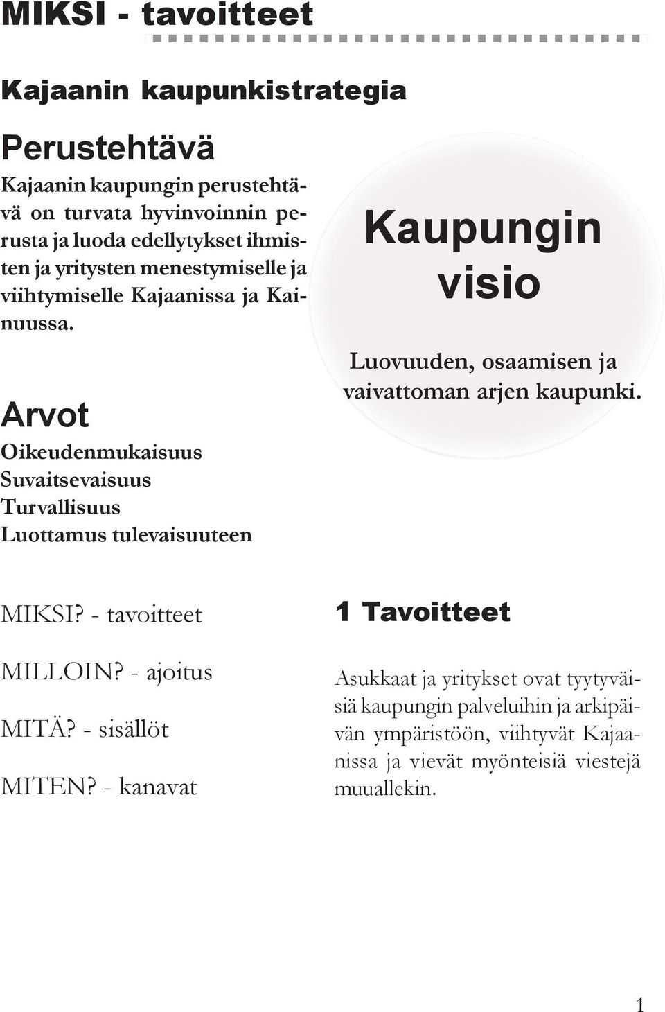 Arvot Oikeudenmukaisuus Suvaitsevaisuus Turvallisuus Luottamus tulevaisuuteen Kaupungin visio Luovuuden, osaamisen ja vaivattoman arjen kaupunki. MIKSI?