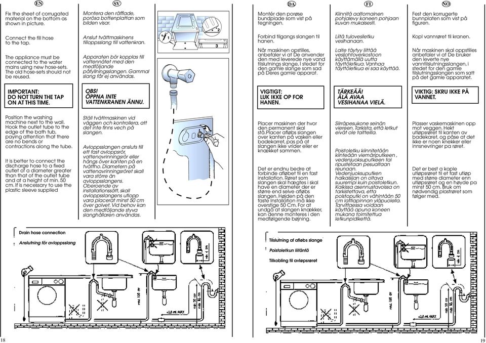 The appliance must be connected to the water mains using new hosesets. The old hosesets should not be reused. Anslut tvättmaskinens tilloppsslang till vattenkran.