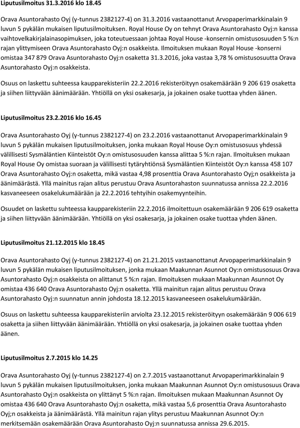 Oyj:n osakkeista. Ilmoituksen mukaan Royal House -konserni omistaa 347 879 Orava Asuntorahasto Oyj:n osaketta 31.3.2016, joka vastaa 3,78 % omistusosuutta Orava Asuntorahasto Oyj:n osakkeista.